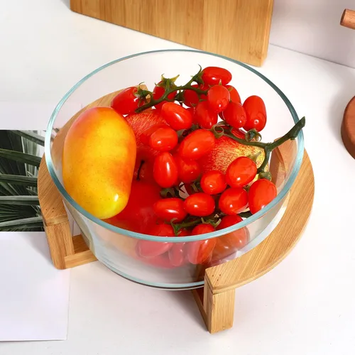 Vista 5 de Ensaladera grande de vidrio con base de madera, 84.5 fl oz, resistente al calor, para frutas, aperitivos, postres, microondas y lavavajillas, ideal