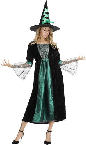 Vista 2 de Grebrafan - Disfraz de bruja para mujer Vestido largo clásico de hechicera 6366 Verde