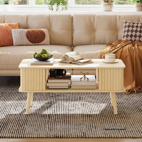 Vista 3 de Mesa de café LAZZO con almacenamiento mesa central para sala de estar mesa de café rectangular con bordes redondeados, fácil montaje, madera natural