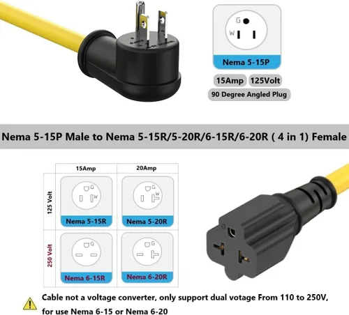 Vista 3 de Cable adaptador de enchufe doméstico de 1 pie de 12 AWG en ángulo recto de 15 amperios a 20 amperios, cable adaptador de enchufe de 90 grados Nema