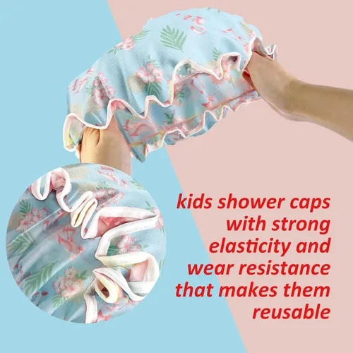 Vista 6 de Gorro de ducha para niños, paquete de 3 gorros de ducha grandes, reutilizables, de doble capa, impermeables, de plástico lavable, gorro de ducha