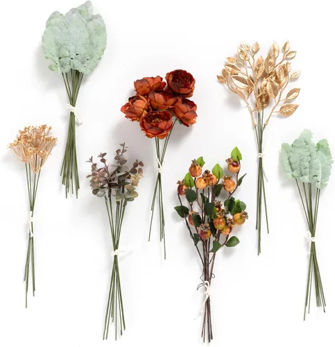 Vista 20 de Ling's moment - Juego de tallos de vegetación artificial verde, 36 piezas con 8 tipos de flores artificiales para ramos de novia de bricolaje Negro