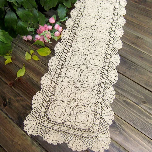 Vista 2 de KEPSWET Camino de mesa de encaje de ganchillo hecho a mano de algodón beige rectangular para decoración de mesa de café y cómoda (14 x 48 pulgadas)