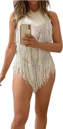 Vista 2 de Body blanco brillante con diamantes de imitación para mujer, traje de drag queen, trajes de baile con flecos