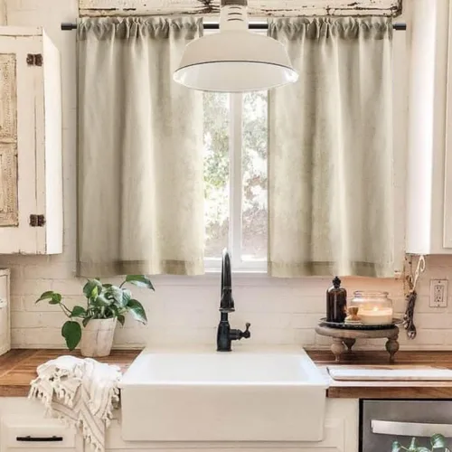 Vista 3 de Cortinas rústicas para ventana de cocina, cortinas de lino transparentes con bolsillo para barra para ventanas cortas, juego de 2 paneles, 42