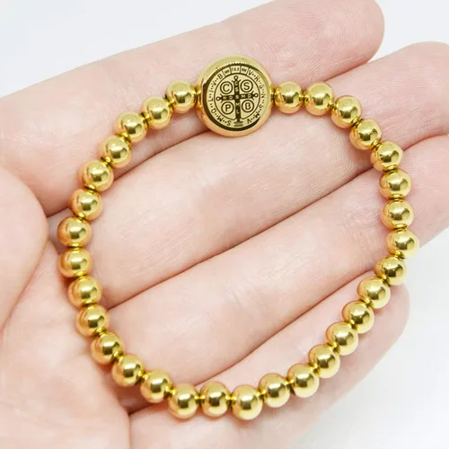 Vista 2 de AA Pulsera católica religiosa de acero inoxidable de San Benito (SSBSBFM-G), Metal