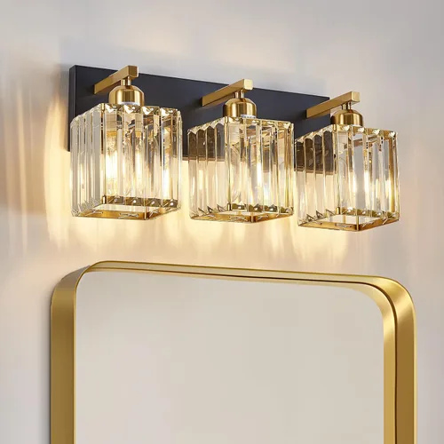 Vista 9 de Moderna lámpara de tocador de baño de 3 luces de cristal cromado moderno sobre espejo cromado iluminación de tocador de cristal aplique de pared