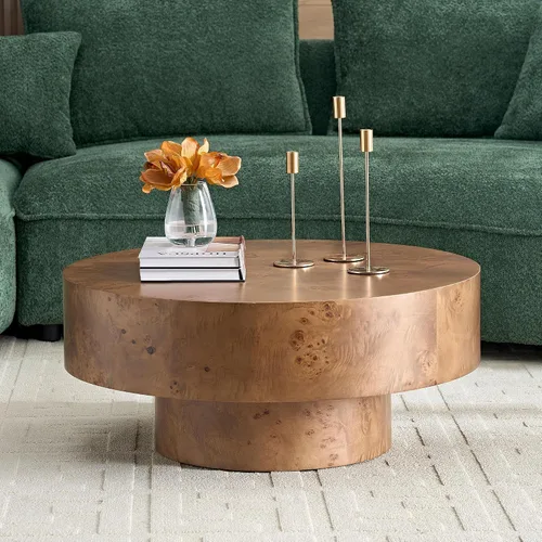 Vista 11 de Mesa de centro redonda de madera de 31.49 pulgadas con almacenamiento, mesa de centro circular acanalada de 2 niveles con tapa y estante para sala