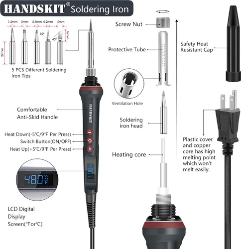 Vista 2 de Kit de soldador, 90 W, temperatura ajustable, 356.0-896.0 °F, soldador con pantalla LED, kit de pistola de soldadura 9 en 1, incluye 5 puntas, cable