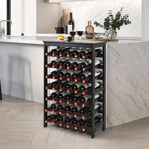 Vista 3 de VASMIA Estante de vino de bambú para 42 botellas, estante de vino de 7 niveles independiente con mesa, estante de almacenamiento de vino para Negro