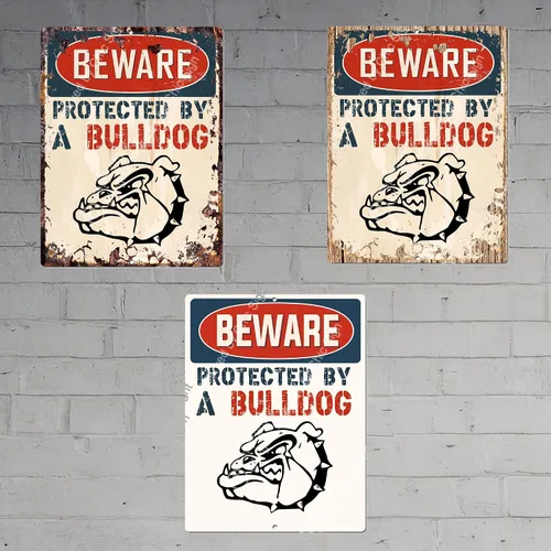 Vista 2 de Placa de metal con texto en inglés «Beware Protected by A Bulldog» (Beware Protected by A Bulldog), estilo vintage, retro, rústico, 9 x 12 pulgadas