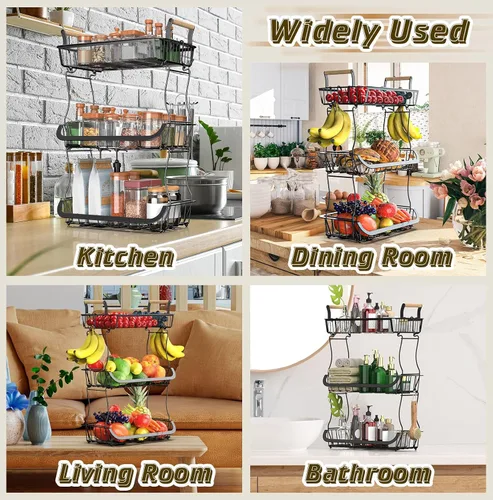 Vista 4 de Cesta de frutas de 3 niveles para encimera de cocina con 2 ganchos para plátanos, soporte grande para frutero, soporte de almacenamiento de frutas