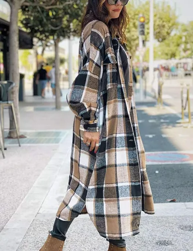 Vista 5 de Omoone - Chaqueta de manga larga con botones para mujer diseño a cuadros de ajuste holgado