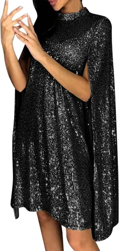 Vista 2 de Elegante vestido de fiesta para mujer estilo capa vestido de lentejuelas de color liso cuello alto vestido de noche