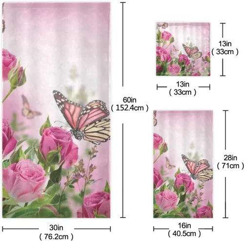Vista 3 de Juego de toallas de baño para baño, diseño floral de mariposa rosa, hojas verdes románticas para cuatro estaciones, lujo de 3 toallas, 1 toalla, 1