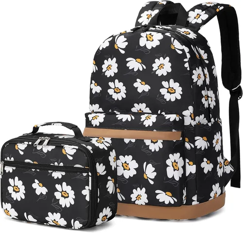 Vista 14 de 3 piezas de mochila con estampado de margaritas para niños, mochila de escuela primaria, mochila para estudiantes de primaria, mochila para Negro
