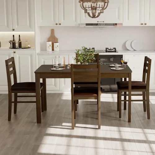Vista 8 de Juego de Mesa de Comedor Rectangular Moderna de Madera Maciza de Interior de 5 Piezas para 4, Mesa y 4 Sillas con Cojines Suaves para Cocina, Bar