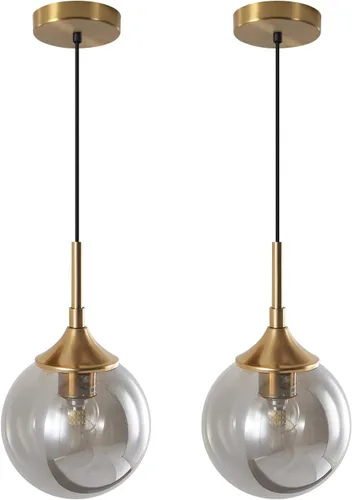 Vista 16 de KCO Lighting - Lámpara colgante moderna de globo de 1 luz, luz colgante de vidrio ahumado individual grande de mediados de siglo, latón cepillado