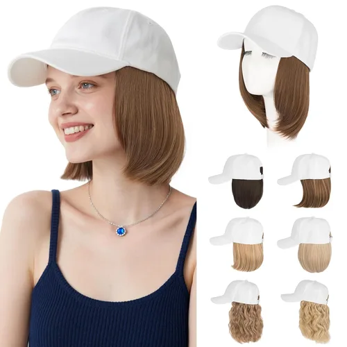 Vista 7 de Hairro Peluca de gorra de béisbol con cabello adjunto, corto estilo Bob ajustable, extensiones de cabello sintético para mujeres, balayage