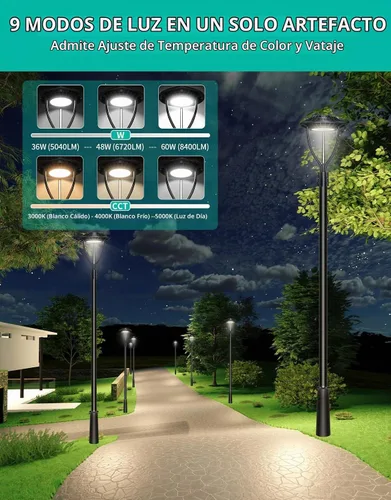 Vista 3 de Luz LED para poste superior con certificación ETL de 60 W, 48 W, 36 W, ajustable, 3 CCT, luces de poste para exteriores ajustables con fotocélula