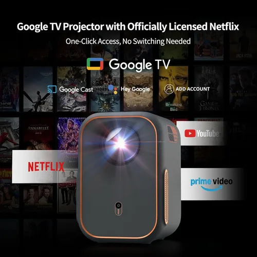 Vista 2 de Proyector inteligente Google TV, Netflix con licencia, soporte 4K, 1080P FHD Gris-oscuro