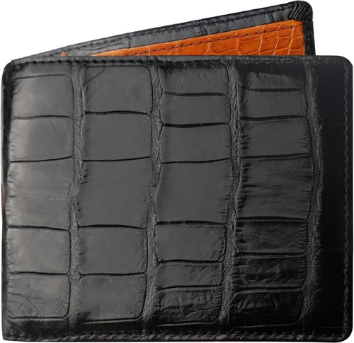 Vista 26 de HATA Billetera de piel plegable de cocodrilo para hombre, con bloqueo RFID, hecha a mano para papá, marido, hijo, profesor