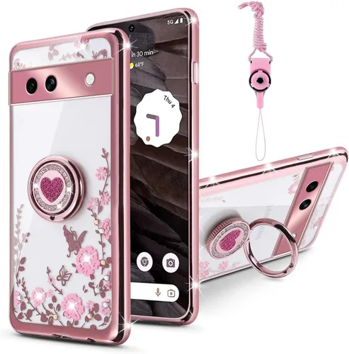 Vista 15 de Funda compatible con Google Pixel 6 Pro para mujer, con purpurina, suave, elegante, transparente, TPU de lujo, bonita funda protectora con correa