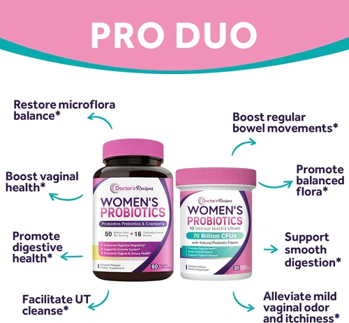 Vista 3 de Doctor's Recipes Paquete de probióticos para mujeres, salud femenina y apoyo gastrointestinal, sin gluten, Pro 50 mil millones (60 cápsulas) y 70