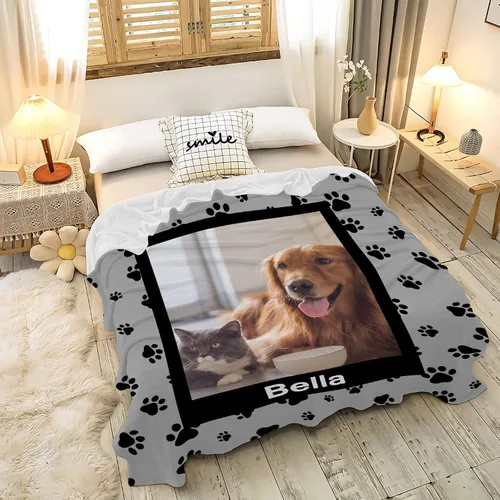 Vista 8 de Manta Personalizada de Huellas de Perro con Foto y Nombre para Amantes de Mascotas, Manta Suave de Franela de Vellón Regalo para Amantes de Perros