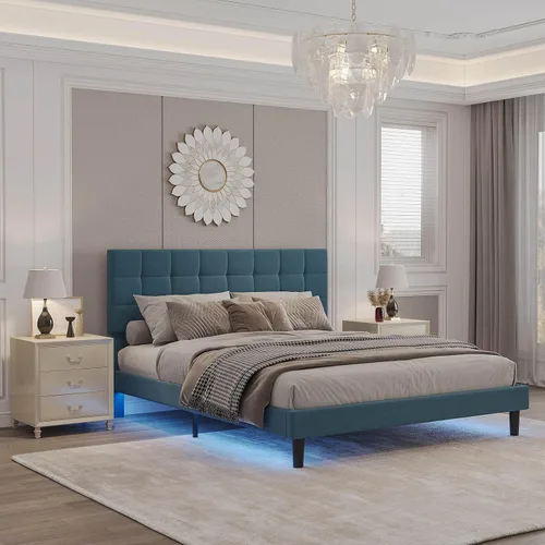 Vista 9 de Base de cama moderna de plataforma tapizada de tamaño Queen, marco de cama de lino con luces, cabecera ajustable con costuras cuadradas, sistema