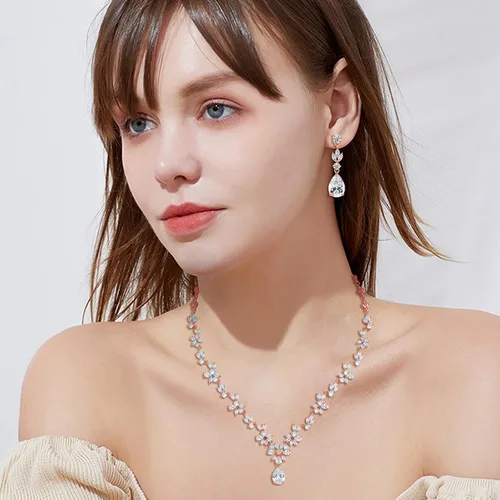 Vista 6 de Joyería de boda para novia, collar de novia de plata con circonita cúbica transparente, juego de joyas de novia para boda, fiesta de boda