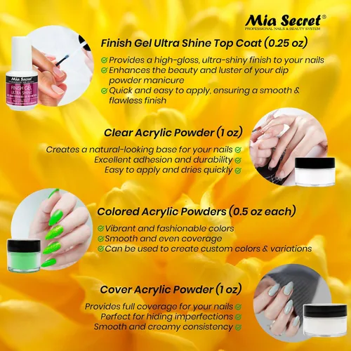 Vista 4 de Mia Secret Kit de uñas en polvo de inmersión de 14 piezas, blanco, verde claro, amarillo neón