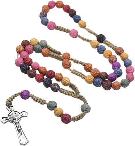 Vista 2 de Cruz de pared de crucifijo, cruz católica hecha a mano con cuentas de rosario, bautismo, oración religiosa, collar de cruz, colgante pectoral