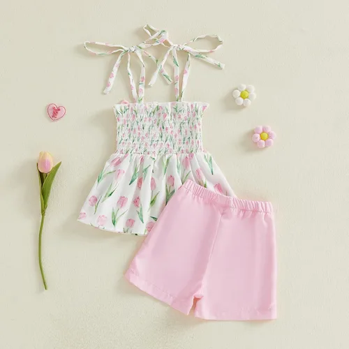 Vista 5 de Conjunto de ropa de verano para niña pequeña, con lazo fruncido, camiseta y pantalones cortos, tulipán, floral, lindos trajes para niñas pequeñas