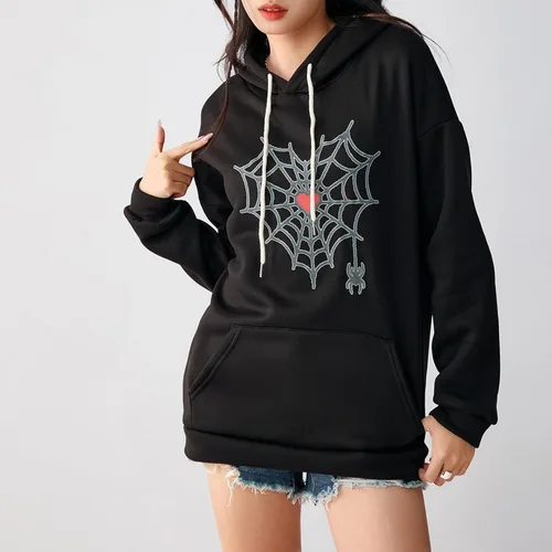 Vista 4 de Yoawdats Abrigo de Halloween para mujer, manga larga, con capucha, bordado, con corazón, suéter casual de Spiderman