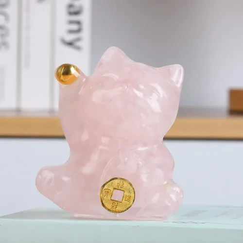Vista 3 de Figura de gato de la suerte de cristal amarillo tallada a mano Maneki Neko Dinero Gatos Estatua Feng Shui Decoración para el hogar Oficina Atrae