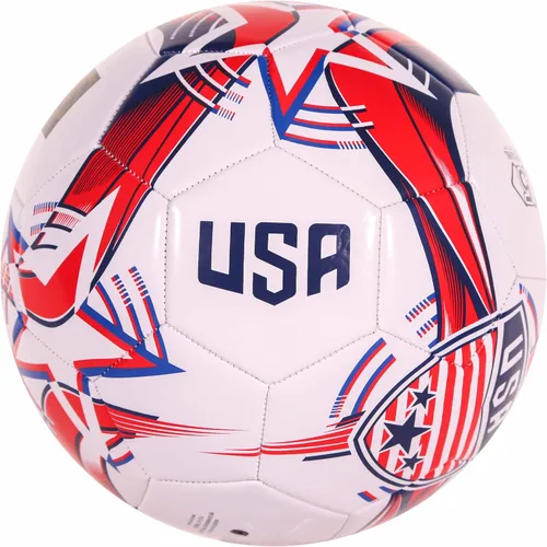 Vista 3 de Balón de fútbol americano CLASICO – Tamaño 5, balón de partido con base blanca limpia y colores rojo y azul de EE. UU., incluye bomba y aguja
