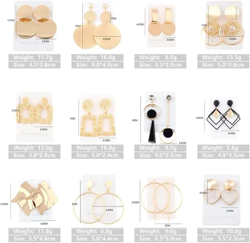 Vista 2 de Juego de 12 pares de aretes colgantes para adultos, elegantes aretes geométricos dorados, aretes de gota para fiesta de cumpleaños, regalos