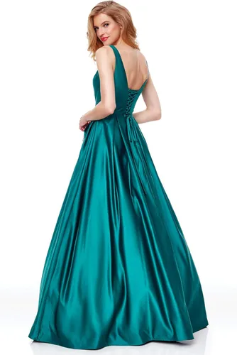 Vista 2 de Vestidos de fiesta de satén con cuello en V para mujer largos con bolsillos color rosa rubor vestidos de noche formales fruncidos