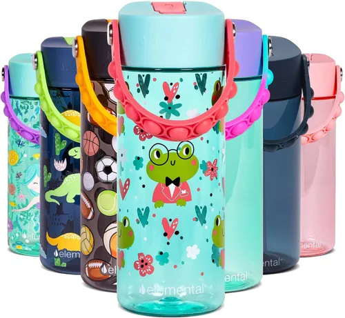 Vista 20 de Elemental Botellas de agua para niños – Botella de agua para niños Splash para la escuela con mango Pop-it – Botella de agua de plástico Tritan sin