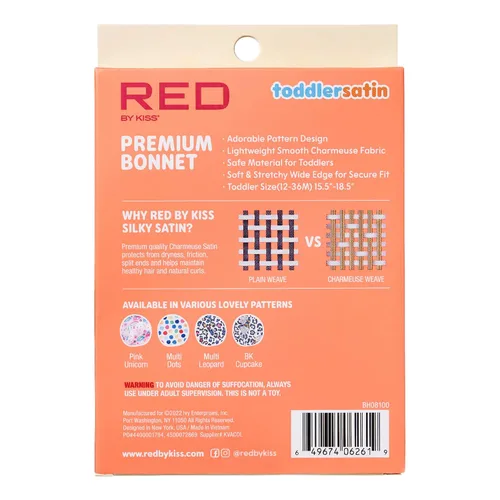 Vista 4 de Red by Kiss Gorro de satén para dormir para niños pequeños, suave, elástico y seguro, protege el cabello frágil del encrespamiento y la rotura