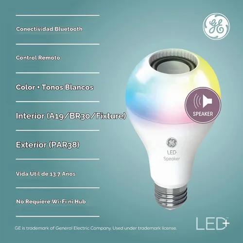 Vista 2 de GE LED+ A21 Bombilla LED, Luz LED Interior con Cambio de Color, Altavoz Inalámbrico Bluetooth con Control Remoto, 9W, Multicolor y Blanco Cálido