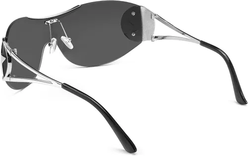 Vista 6 de Karsaer Gafas de sol Y2K sin montura envolventes para mujeres y hombres, gafas de sol con parte superior plana, gafas de sol futuristas sin marco
