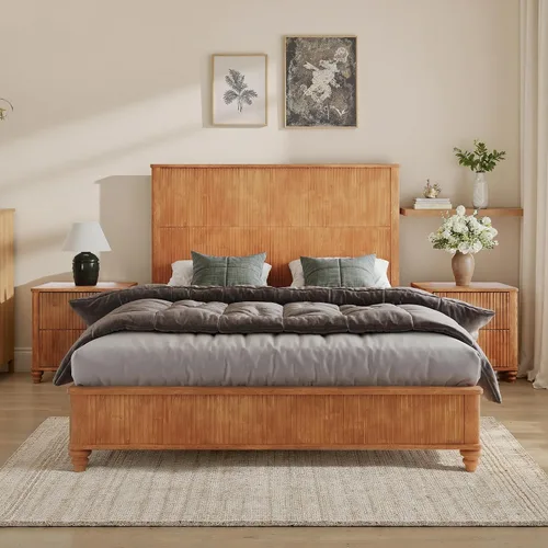 Vista 17 de Conjunto de dormitorio de 4 piezas estilo granja, cama plataforma tamaño queen con 2 mesitas de noche y almacenamiento de 5 cajones, estructura