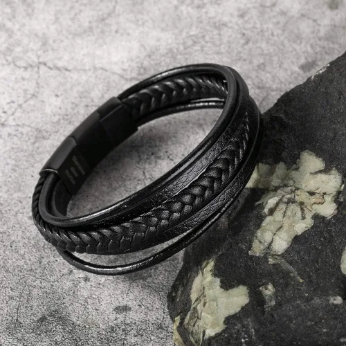 Vista 3 de murtoo Pulsera de cuero para hombre con cierre de cuero de vaca multicapa trenzada para hombre