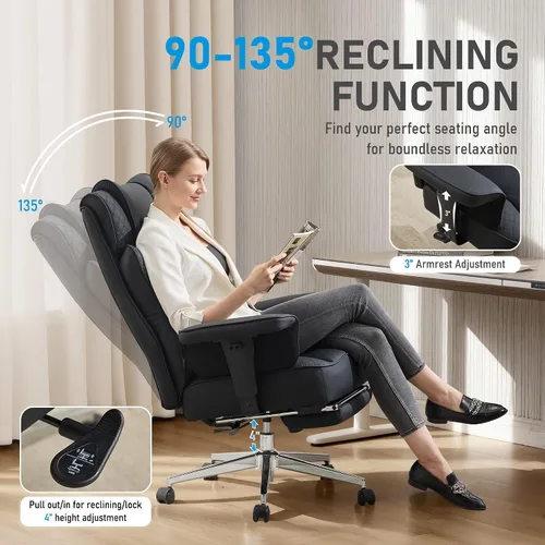 Vista 6 de Silla de oficina grande y alta, silla reclinable ergonómica de cuero con reposapiés, cómodas sillas de escritorio ejecutivas para computadora
