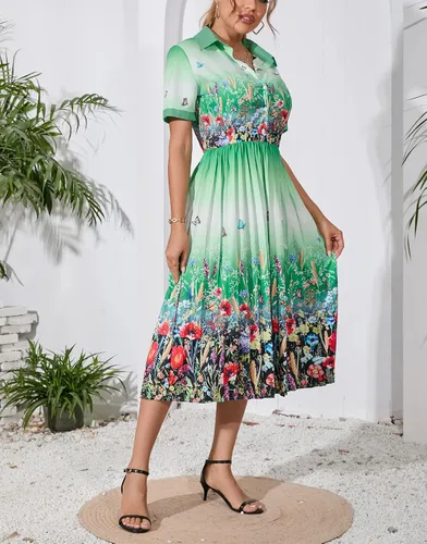 Vista 6 de VERWIN solapa manga tres cuartos hasta la rodilla plisado floral vestido de mujer