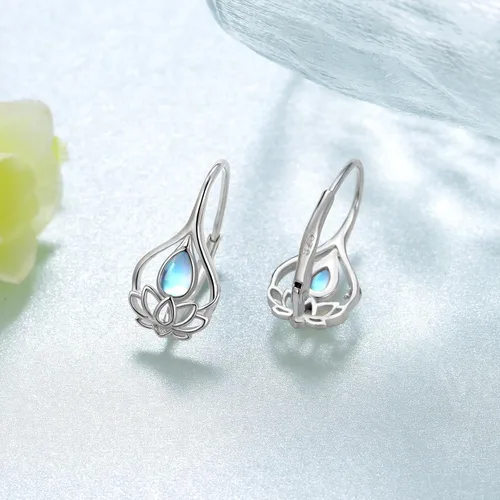 Vista 2 de Aretes de loto de piedra lunar para mujer, plata de ley 925, diseño de flor de loto, joyería de loto, regalos para mujeres, niñas, mamá, hija