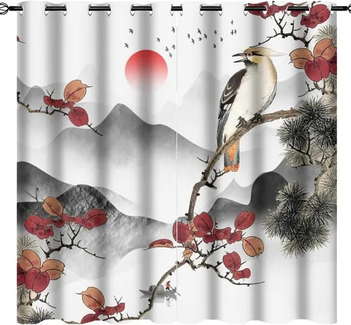 Vista 21 de Cortinas opacas para oscurecer la habitación con ojales, diseño de flores japonesas con ojales, arte retro de primavera y ramas florales, arte
