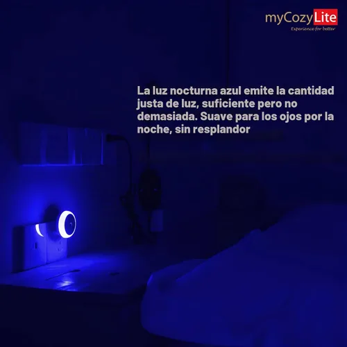 Vista 5 de Luz nocturna LED azul, enchufable, sensor inteligente del atardecer al amanecer, luz nocturna redonda pequeña, ahorro de energía, luz nocturna
